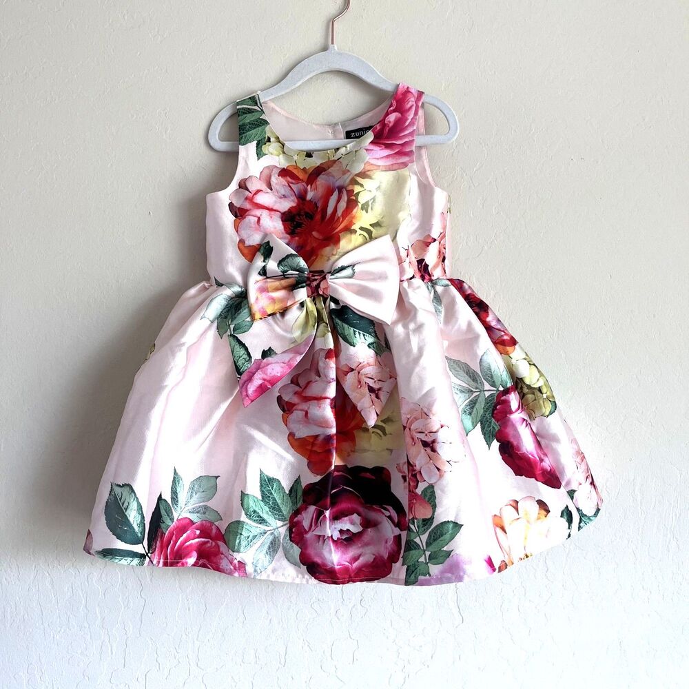 Zunie Girls Size 4 Pink Floral Party Dress Fit & Flare Bow Wedding Easter